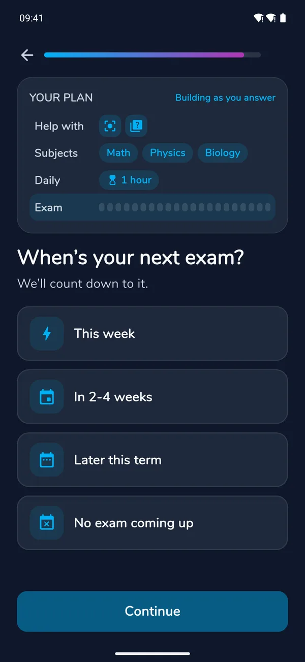 StudyWizardry app screen: When is your exam?