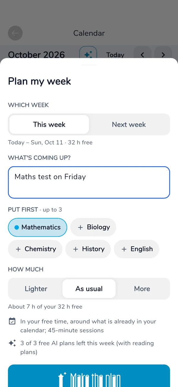 StudyWizardry app screen: Tell it what's coming up
